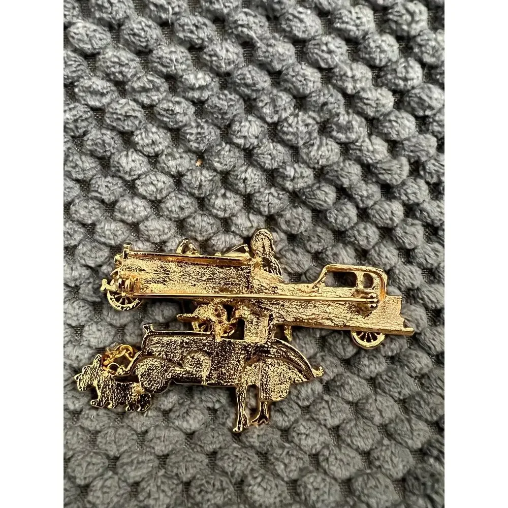 Vintage Gold Tone Flapper Girl Walking Terrier Dog with Antique Car Brooch Pin